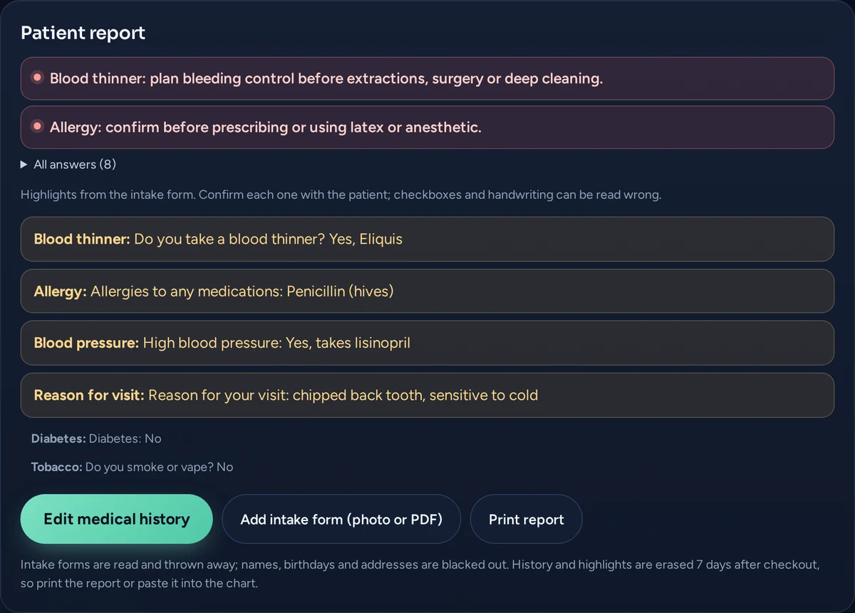 Obexa chairside patient report with medical alerts