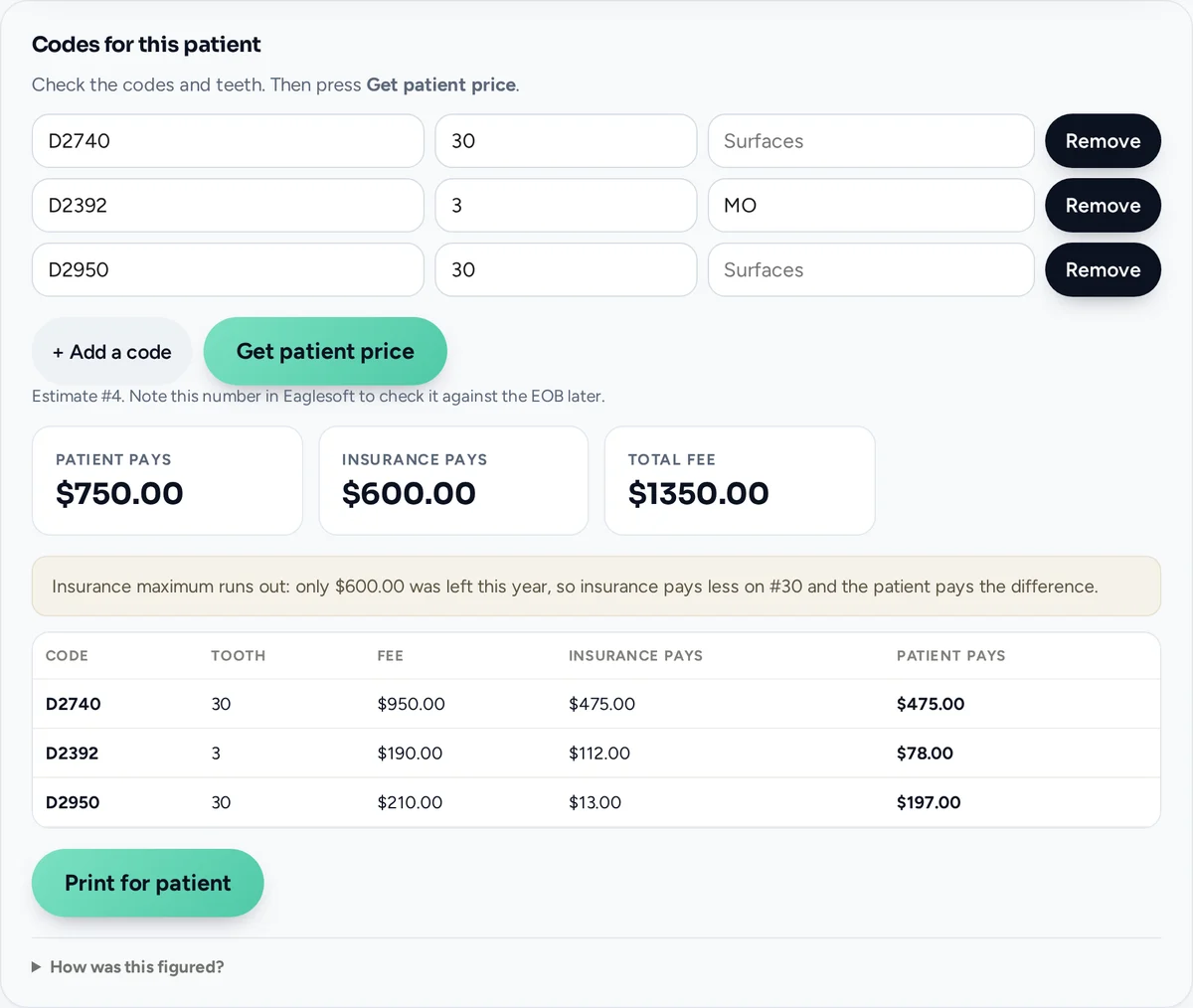 Obexa estimate showing patient and insurance amounts with a maximum warning